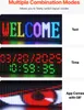 A collage of three LED display panels showing different modes: text, time, and a GIF animation. The panels are black with illuminated pixels. Produktbild-Vorschau