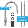 A kitchen faucet and its accessories are displayed against a white background. Produktbild-Vorschau