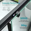 Close-up of a shower door mechanism with text highlighting features. Produktbild-Vorschau