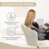A woman is sitting on a chair and reading a magazine. The chair is beige and has a scalloped back. There are icons and text on the left side of the image highlighting the ergonomic design of the chair. Voir les images du produit