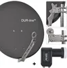A collage of images showing a satellite dish, its mounting hardware, and a LNB. Produktbild-Vorschau