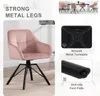 Collage showing a pink velvet dining chair with black metal legs, close-ups of its features like the metal turntable and anti-slip foot pads, and a scene of multiple chairs around a table. Náhľad obrázku produktu