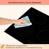 A hand is cleaning a black glass ceramic stovetop with a light blue cloth. Produktbild-Vorschau