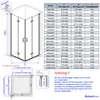 A diagram and a table showing the dimensions and specifications of a shower cabin. Podgląd zdjęcia produktu