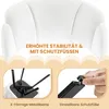 Close-up images of a white chair's base and a hand adjusting a chair leg, with marketing text overlay. Produktbild-Vorschau