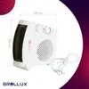 A white electric heater with dimensions indicated, placed on a white background with a gradient overlay on the right. Produktbild-Vorschau