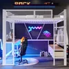 A modern gaming-themed bedroom with a loft bed, desk, and gaming chair. Voir les images du produit