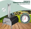 A pizza oven is shown on a wooden deck with a garden in the background. A thermometer is highlighted with a callout. Produktbild-Vorschau