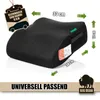 A black car seat booster cushion with dimensions indicated by arrows and text overlays. Produktbild-Vorschau