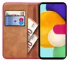A book-style phone case with a Samsung Galaxy A53 5G phone inserted, showing cards and banknotes inside the case. Anteprima dell’immagine prodotto