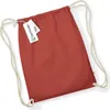 A red drawstring bag with a tag attached to the strap. Produktbild-Vorschau