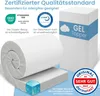 A rolled-up gel topper is shown next to its packaging and various certification logos. Produktbild-Vorschau