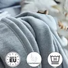 A close-up of a folded gray blanket, with three circular icons indicating product features. Produktbild-Vorschau