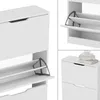 Collage of a white shoe cabinet with open drawers and a stack of books on top. Produktbild-Vorschau