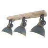 A three-headed ceiling light fixture with a wooden beam and metal lampshades. Anteprima dell’immagine prodotto