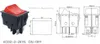 A product image showing a red rocker switch with technical drawings and dimensions. Náhľad obrázku produktu