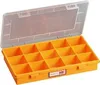 An open orange storage box with multiple compartments and a clear lid. Produktbild-Vorschau
