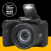 A black Kodak Pixpro digital camera with its flash popped up, shown at a slight angle against a black and yellow background. Text overlays highlight features. Náhled obrázku produktu