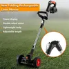 A rechargeable lawn mower is shown on a grassy lawn, with a close-up inset of its folding mechanism. Produktbild-Vorschau