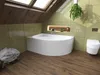 A modern bathroom with a corner bathtub, toilet, and wooden floor. Produktbild-Vorschau
