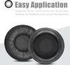 Two black earphone cushions are shown in the foreground, with text describing easy application in the background. Produktbild-Vorschau