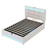 A beige upholstered bed frame with a slatted mattress base and integrated LED lighting. Náhľad obrázku produktu