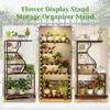 A collage of three images showing a multi-tiered plant stand with various plants and decorative items. Voir les images du produit
