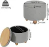 Two images of a gray upholstered ottoman with wooden legs, showing its dimensions and storage capacity. Produktbild-Vorschau