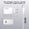 Diagram showing the dimensions of a white charger and its cable. Produktbild-Vorschau