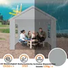 A party tent is shown with people inside, illustrating its use in both sunny and rainy weather conditions. Icons and text highlight its features. Produktbild-Vorschau