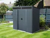 A dark gray metal shed is shown in a backyard setting with green grass and a fence in the background. Produktbild-Vorschau