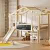 A child's bedroom with a wooden house-shaped loft bed featuring a slide, ladder, and chalkboard. Produktbild-Vorschau