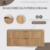 A marketing image showcasing a wooden washbasin cabinet with fluted fronts and an oval shape, highlighting its features and style. Produktbild-Vorschau