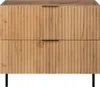 A front view of a two-drawer cabinet with a fluted wood-grain finish and black metal legs. Anteprima dell’immagine prodotto