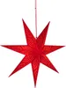 A red, star-shaped paper lantern with cut-out patterns, hanging from a red string against a white background. Produktbild-Vorschau