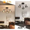 A split image showing a ceiling lamp in two different room settings, with text overlays indicating 'EIN' (ON) and 'AUS' (OFF). Produktbild-Vorschau