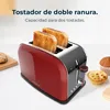 A red and silver toaster with two slices of toast in it, placed on a white surface with some baked goods in the background. Produktbild-Vorschau