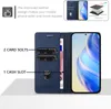 A blue leather wallet-style phone case is shown open, displaying card slots and a cash slot, with a phone inserted. Text overlays describe features and benefits. Produktbild-Vorschau