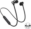 A pair of black wireless earbuds with a silver accent on one earbud, connected by a black wire with an inline remote control. A small circular graphic with two earbuds and lightning bolts is in the bottom right corner. Produktbild-Vorschau