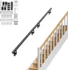 A black handrail is shown in the foreground, with a staircase in the background. Various hardware components and instructions are laid out to the left. Náhľad obrázku produktu