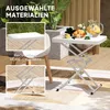 An outdoor patio scene with a white folding table set up, featuring drinks and fruit, and close-up insets highlighting materials. Produktbild-Vorschau