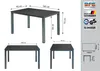 A collage of images showing a table with dimensions and details, along with logos and certifications. Produktbild-Vorschau