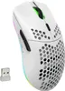 A white wireless gaming mouse with RGB lighting and a USB receiver. Produktbild-Vorschau
