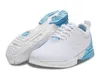 A pair of white and blue athletic shoes, with one shoe shown from the side and the other from the sole. Produktbild-Vorschau
