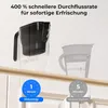 Two water filter pitchers are shown, one black and one white, on a shelf above kitchen cabinets. Below the pitchers are two circular icons comparing filtering times. Podgląd zdjęcia produktu