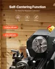Close-up of a metal lathe with text overlays highlighting its features and specifications. Produktbild-Vorschau