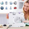 A woman is smiling while using a mini sewing machine. Several small circular images showing various sewing projects are displayed in the background. Produktbild-Vorschau