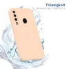 A peach-colored phone case is shown with water splashes around it, suggesting water resistance. Produktbild-Vorschau