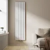 A vertical panel radiator is mounted on a light beige wall next to a window. A sofa with a throw blanket is visible on the right. Produktbild-Vorschau
