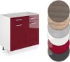 A kitchen cabinet with red high-gloss doors and white sides, shown with a set of circular material samples. Náhled obrázku produktu